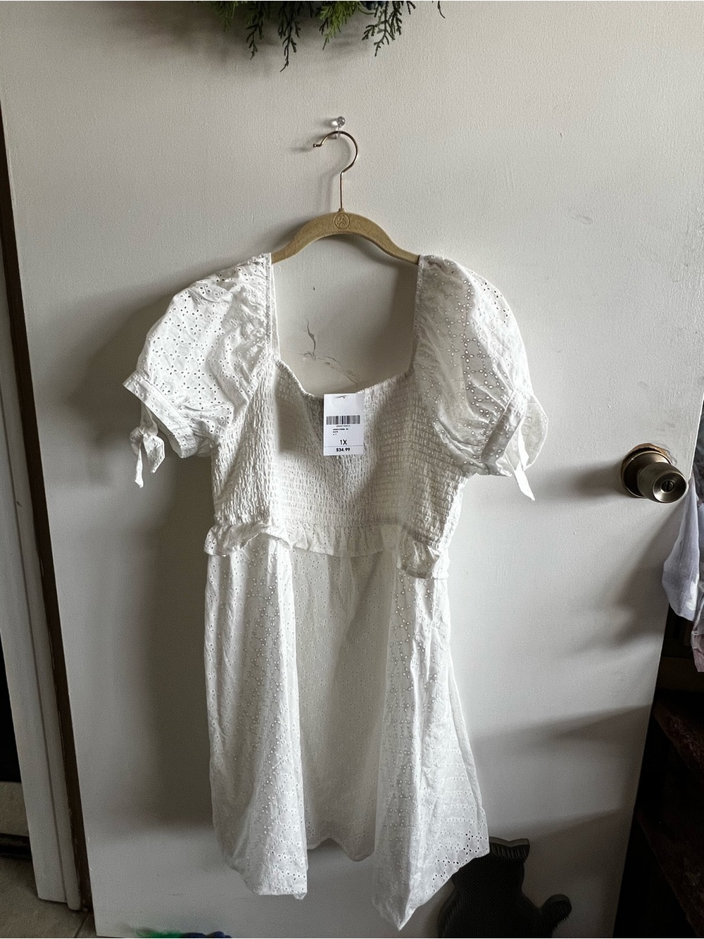 Forever 21 White Eyelet Smocked Puff-Sleeve Mini Dress